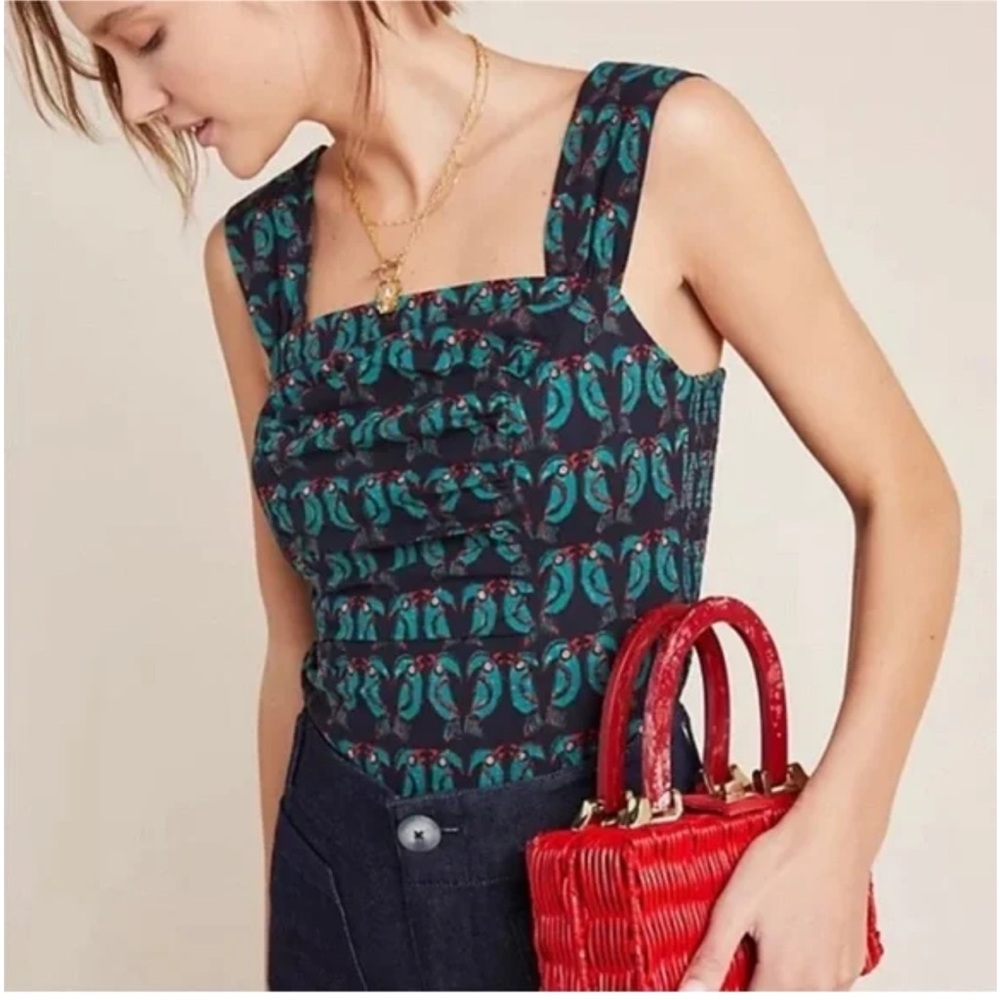 Anthropologie Maeve Toulouse Parrot Bird Printed Ruched Bustier Tank